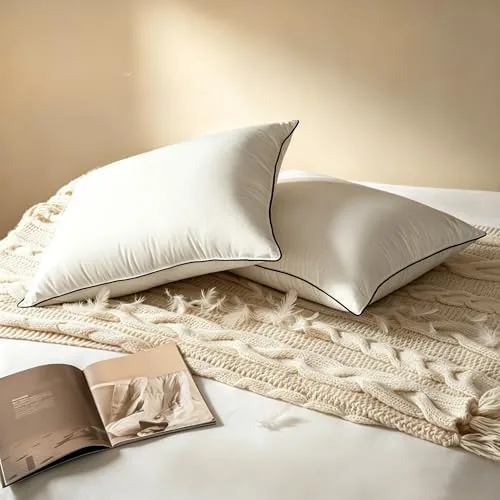 hyvif bed pillow luxury hotel feather and down pillow for side and back sleepers with premium cotton shell gusseted pillows for sleeping soft and supportive downproof queen size 2 pack